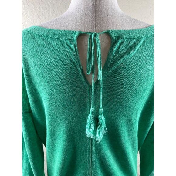 Talbots Linen 3/4 Sleeve Tassel Tie Back Pullover Blouse Kelly Green Medium - Picture 4 of 10